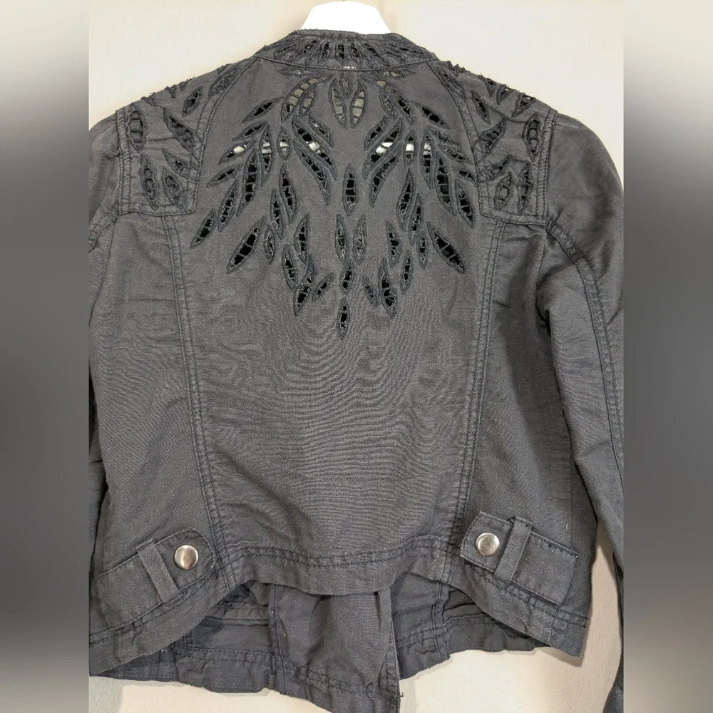 Free People Black Moto Jacket Cutwork Asymmetrical Zip Embroidered Shoulders